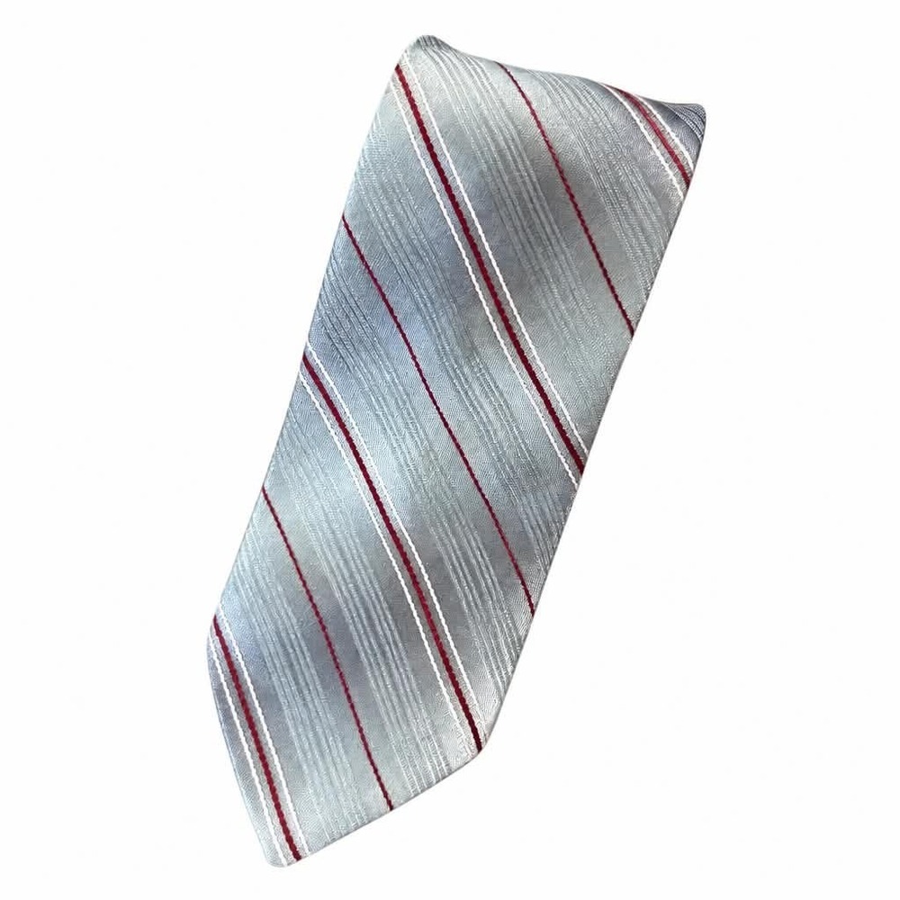 Principe Mens Tie Gray Silver Burgundy Red Stripe Ribbed Polyester Necktie